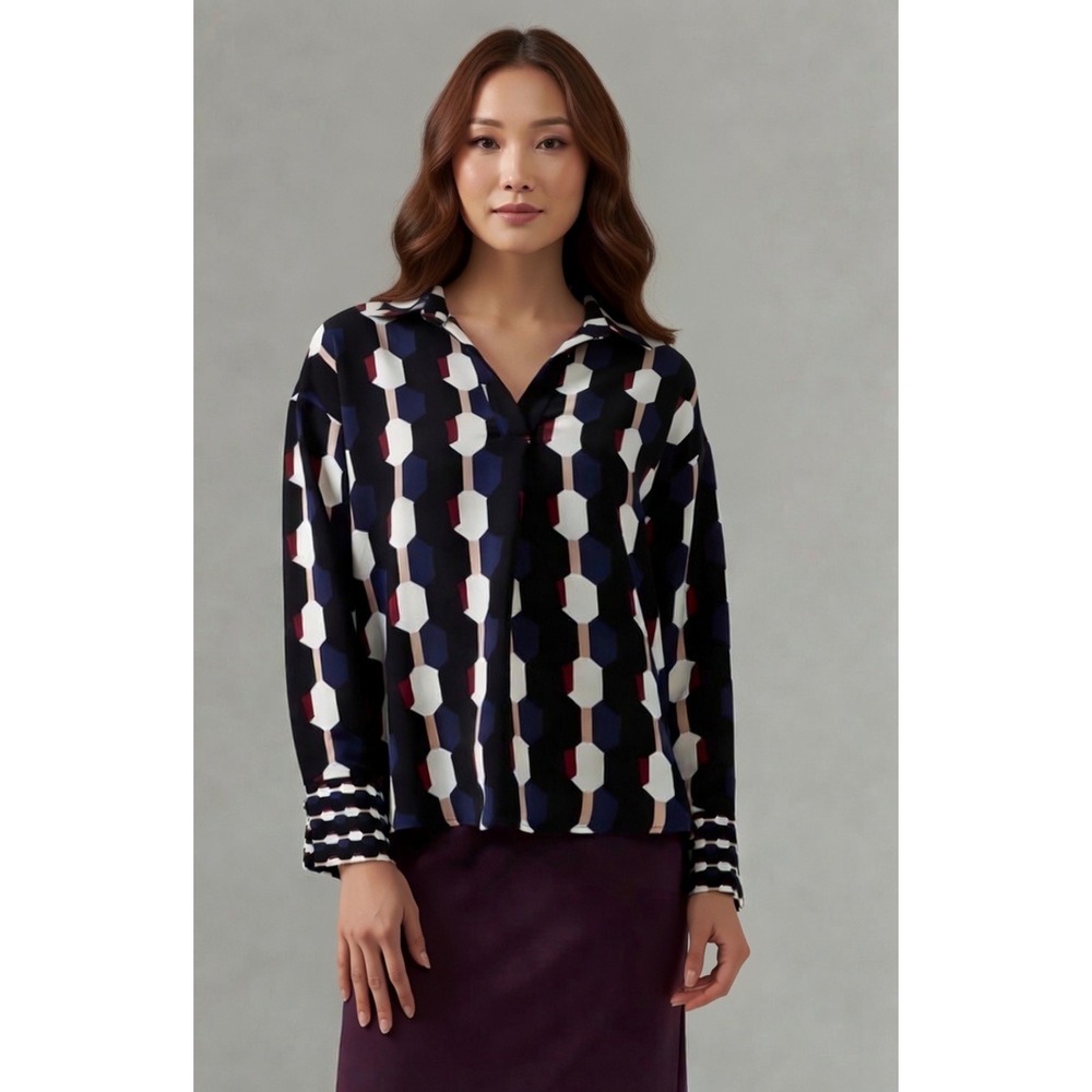 Joseph‎ Ribkoff Blouse L 14 Geometric Popover V-Neck Long Sleeve Black Blue Red